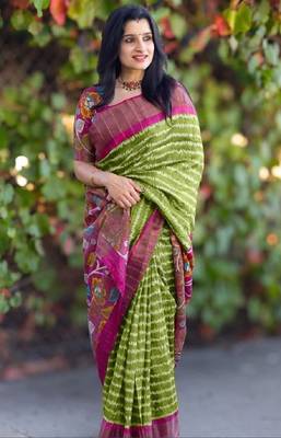 Green zigzag floral print linen cotton saree 2