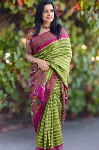 Green zigzag floral print linen cotton saree