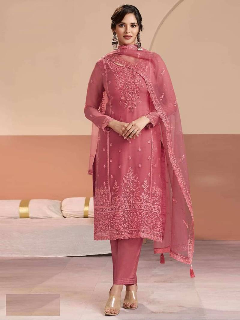 Rust chiffon georgette semi stitched wedding suits