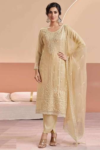 Cream chiffon georgette semi stitched wedding suits