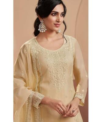 Cream chiffon georgette semi stitched wedding suits 2