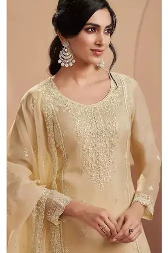 Cream chiffon georgette semi stitched wedding suits