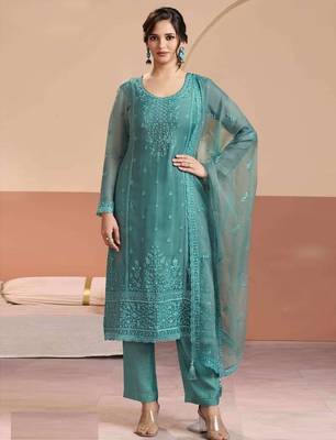 Blue chiffon georgette semi stitched wedding suits 1