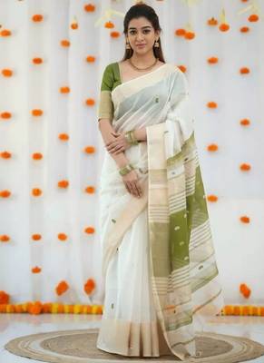 White green linen cotton digital printed saree 1