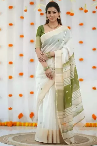 White green linen cotton digital printed saree