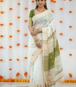 White green linen cotton digital printed saree