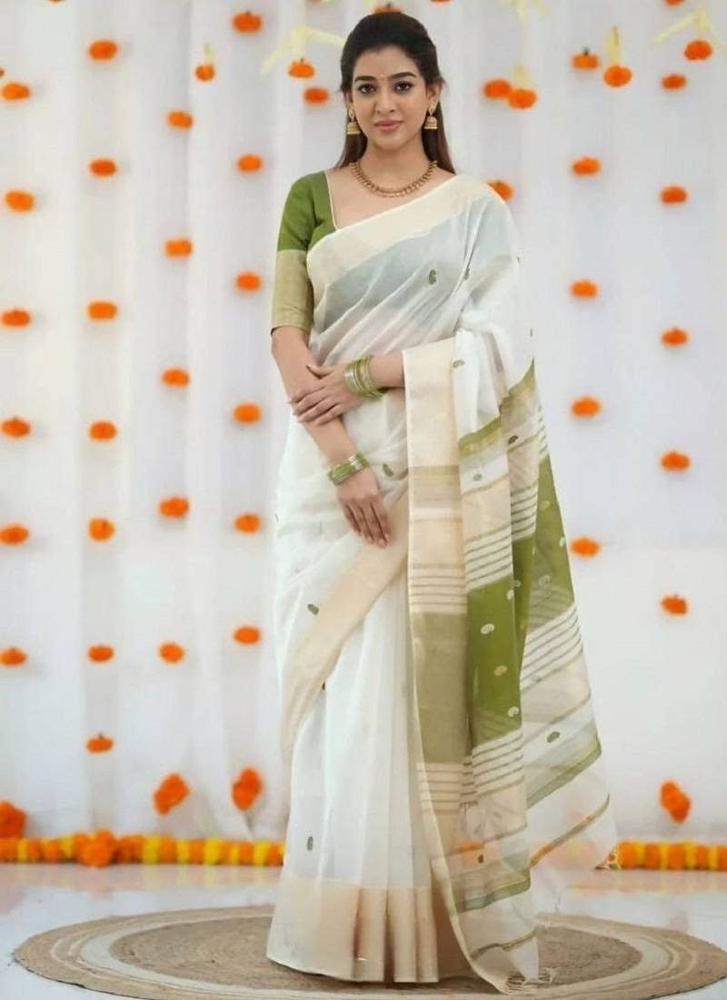 White green linen cotton digital printed saree