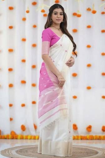 White purple linen cotton kerala kasavu saree with gold zari border