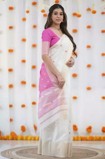 White purple linen cotton kerala kasavu saree with gold zari border
