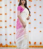 White purple linen cotton kerala kasavu saree with gold zari border