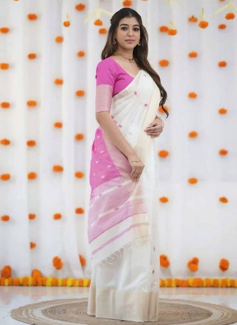 White purple linen cotton kerala kasavu saree with gold zari border