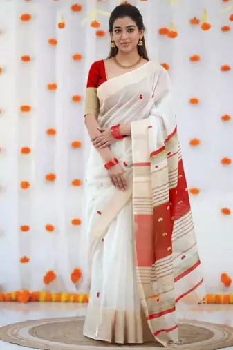 White red digital printed linen cotton saree