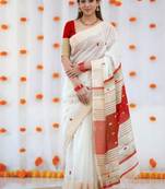 White red digital printed linen cotton saree