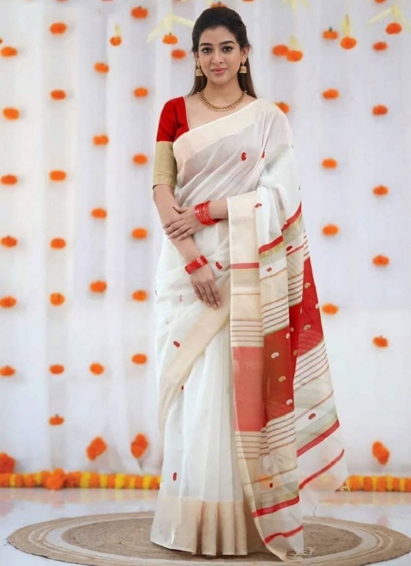 White red digital printed linen cotton saree