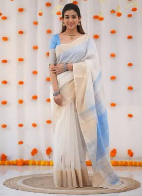 White sky blue digital printed linen cotton saree 1