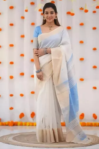 White sky blue digital printed linen cotton saree