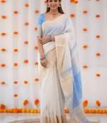 White sky blue digital printed linen cotton saree