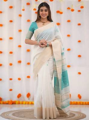 White sky blue digital printed linen cotton saree 4