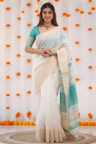 White sky blue digital printed linen cotton saree