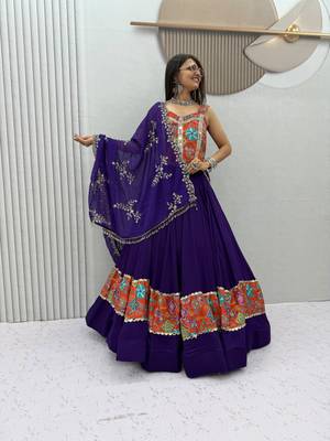 Orange Color Real Mirror Work position print Silk Blend Navratri Lahenga Choli Set 1