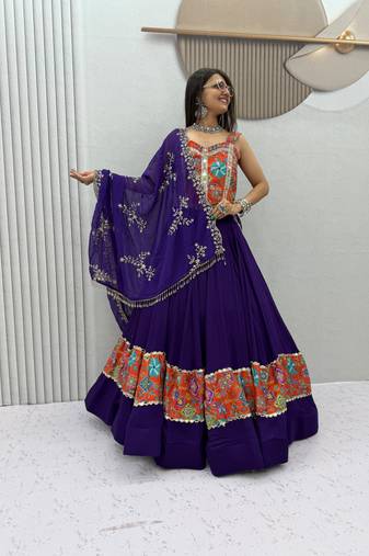 Orange Color Real Mirror Work position print Silk Blend Navratri Lahenga Choli Set