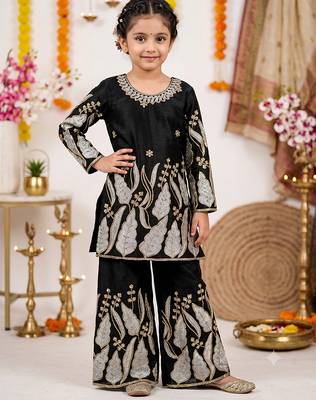 Kids black fendy silk embroidery sequence work kurta palazzo set 1