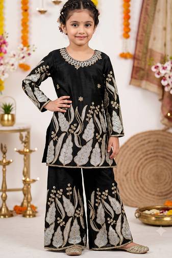 Kids black fendy silk embroidery sequence work kurta palazzo set
