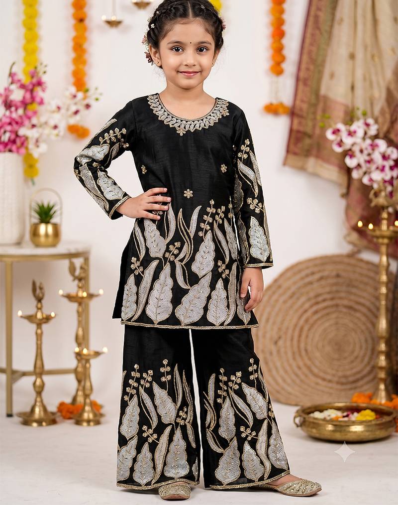 Kids black fendy silk embroidery sequence work kurta palazzo set