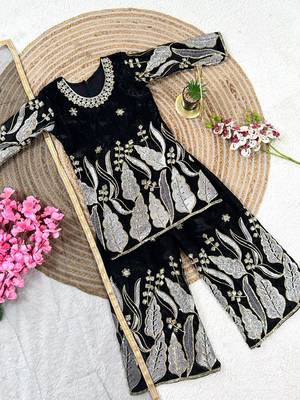 Kids black fendy silk embroidery sequence work kurta palazzo set 2