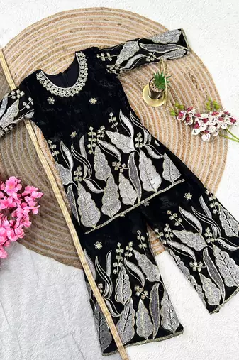 Kids black fendy silk embroidery sequence work kurta palazzo set