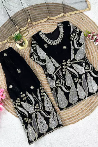 Kids black fendy silk embroidery sequence work kurta palazzo set