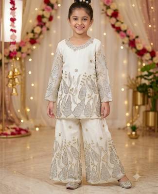 Kids white fendy silk embroidery sequence work kurta palazzo set 1