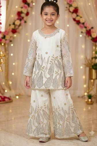 Kids white fendy silk embroidery sequence work kurta palazzo set