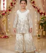 Kids white fendy silk embroidery sequence work kurta palazzo set