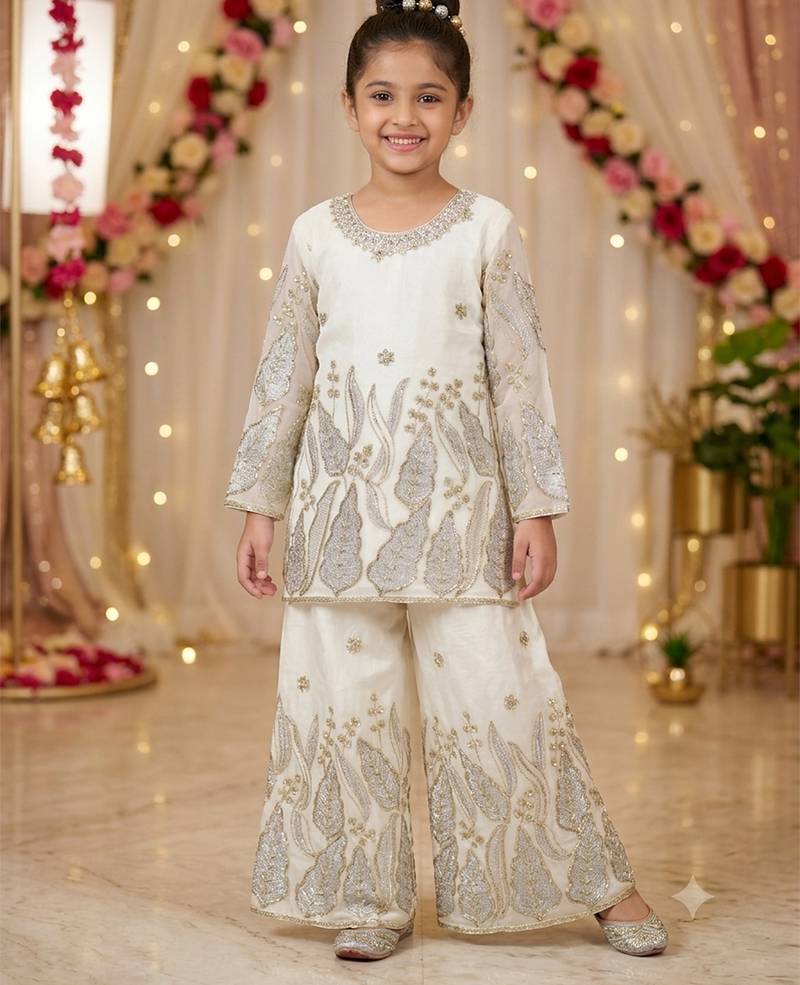 Kids white fendy silk embroidery sequence work kurta palazzo set