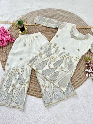 Kids white fendy silk embroidery sequence work kurta palazzo set 2