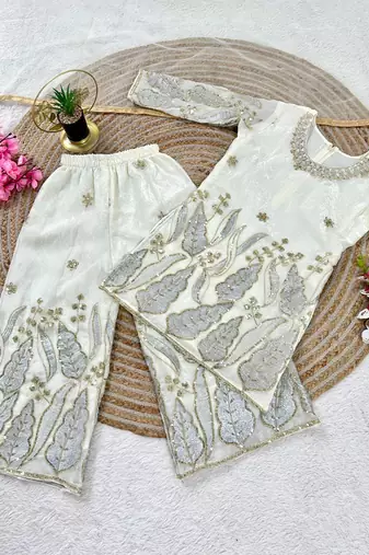 Kids white fendy silk embroidery sequence work kurta palazzo set
