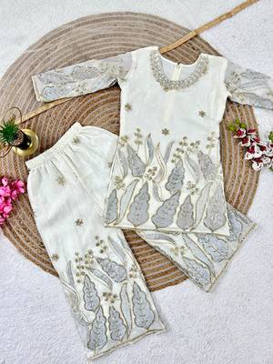 Kids white fendy silk embroidery sequence work kurta palazzo set 3