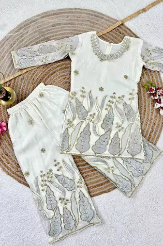 Kids white fendy silk embroidery sequence work kurta palazzo set
