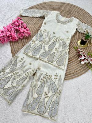 Kids white fendy silk embroidery sequence work kurta palazzo set 4