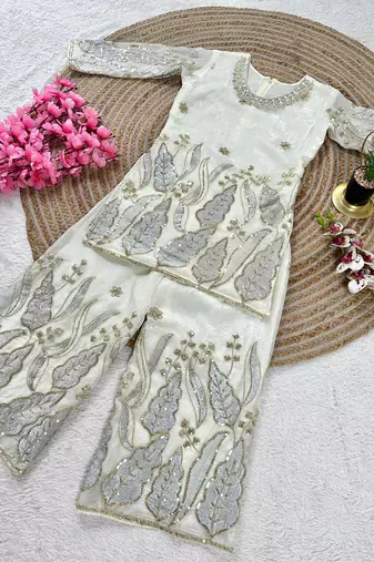Kids white fendy silk embroidery sequence work kurta palazzo set