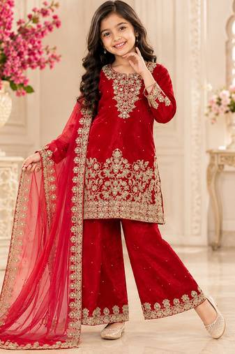 Kids red fendy silk embroidery sequence work kurta palazzo set