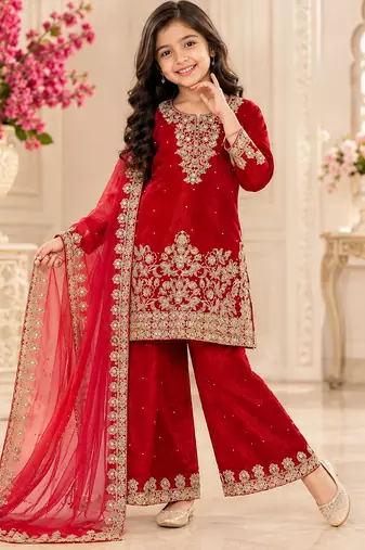 Kids red fendy silk embroidery sequence work kurta palazzo set