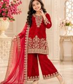 Kids red fendy silk embroidery sequence work kurta palazzo set