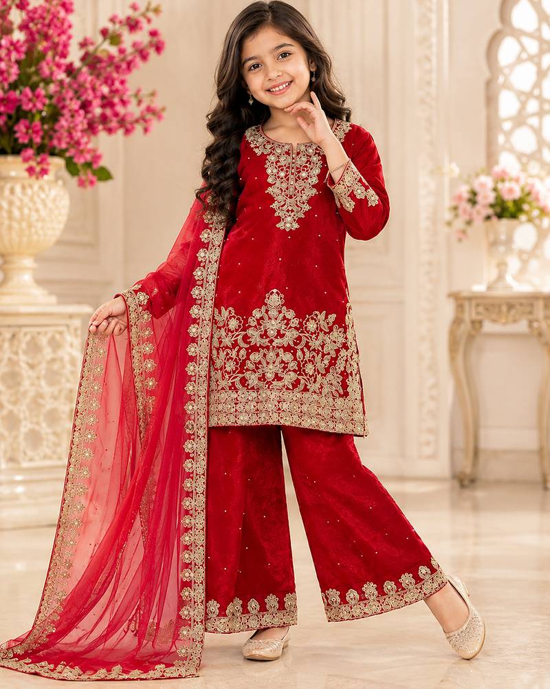 Kids red fendy silk embroidery sequence work kurta palazzo set