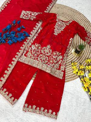 Kids red fendy silk embroidery sequence work kurta palazzo set 2