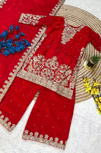 Kids red fendy silk embroidery sequence work kurta palazzo set