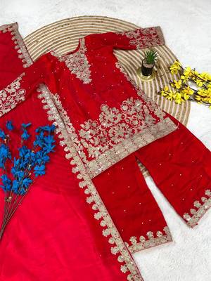 Kids red fendy silk embroidery sequence work kurta palazzo set 3