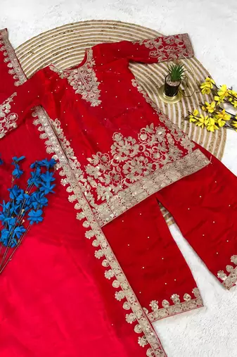 Kids red fendy silk embroidery sequence work kurta palazzo set