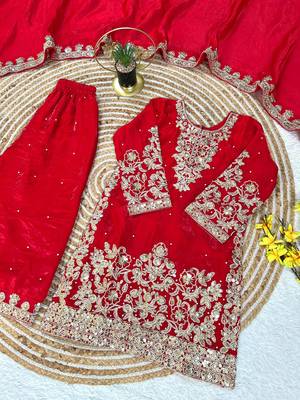 Kids red fendy silk embroidery sequence work kurta palazzo set 4